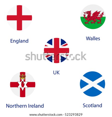 Vector illustration round flags of UK, England, Scotland, Wales and Northern Ireland. 