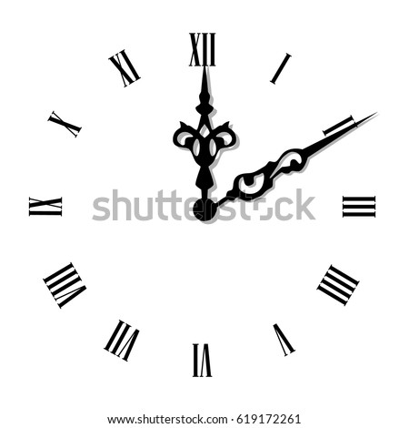 Vector illustration elegant wall clock with vintage hour hand isolated on white background. Clock on wall shows eight o'clock. Roman numeral clock