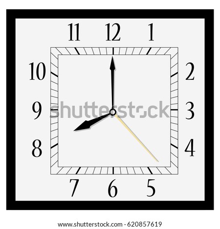 Vector illustration office square clock. Classic black and white  wall clock isolated on white. Clock on wall shows eight o'clock