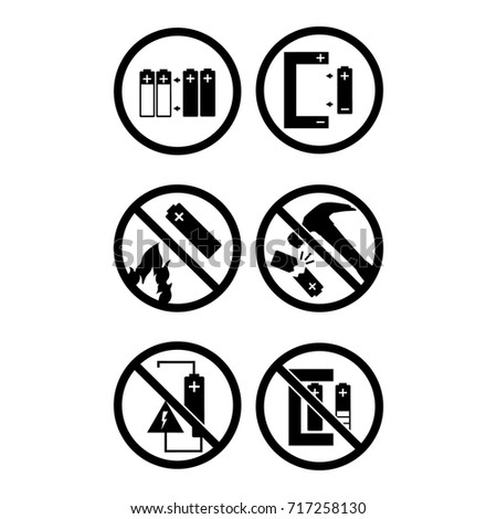 Vector illustration black round icon set, collection battery warning sign. Do not put in fire, recharge, destroy.