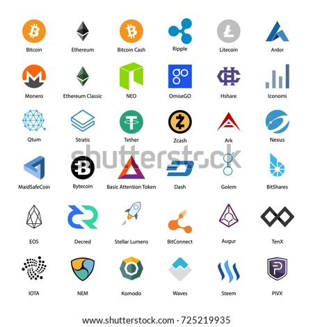 Vector illustration set, collection of crypto currency blockchain flat logo isolated on white background. 