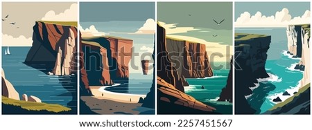 Vector Art of Coastal Cliffs Cartoon Vector . Template of Illustration Graphic Modern Pop Art Poster and Cover of Sticker and Collage Cartoon Watermark Abstract Vector