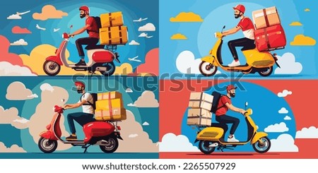 Delivery man riding motorbike scooter with the box. Concept of fast delivery in the city