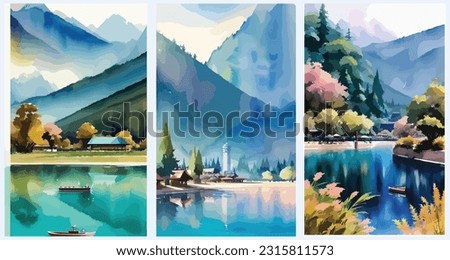 Shangri-La. Serene Haven Of Inner Peace And Harmony set collection of abstract watercolor vector illustration