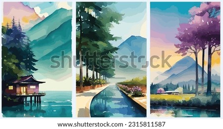 Shangri-La. Serene Haven Of Inner Peace And Harmony set collection of abstract watercolor vector illustration