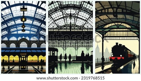 Victorian Era Train Station Nostalgic Railway Hub Of The Past set collection of abstract vector illustration