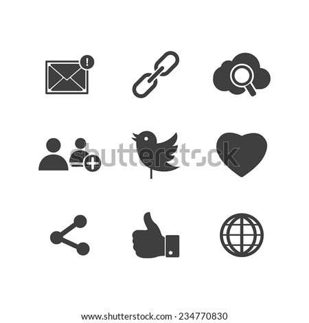 Icon set social network with links Twitter bird cloud mail as Hand chain connects people chat a global network of like heart and contacts in vector illustration