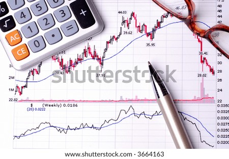 Print Out Of Financial Graphs With A Calculator, Pen And Glasses Reporting Stock Performance