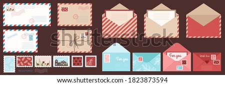 Set envelope and post card. Envelope letter. Isolated card with stamps and seals in flat style. Vector stock illustration.