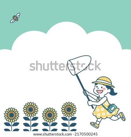 Illustration of girl playing bug hunting in a field of sunflowers