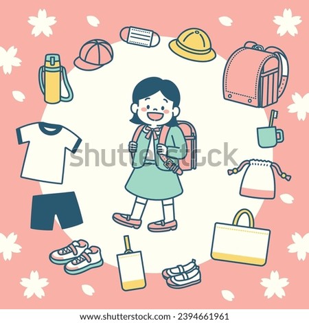 Illustration of girl starting elementary school and school supplies set