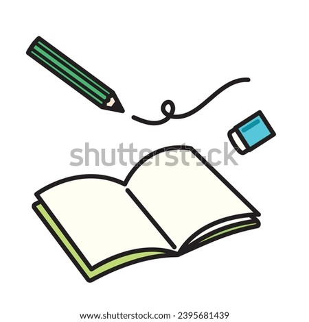 Illustration of simple pencil, eraser and notebook