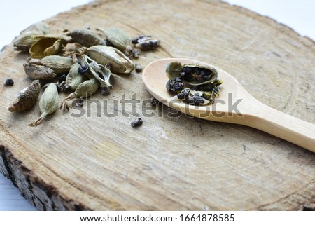 Semilla de cardamomo seco (Elettaria cardamomum) exhibidos en recipientes y cucharas Zdjęcia stock © 