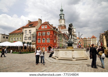 POZNAN, POLAND - MAY 14: main market square in the old town of Poznan on May 14, 2011 in Poznan, Poland. It is one of the largest market squares in Europe and it is very popular with tourists