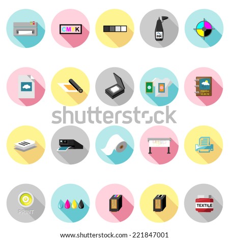 Printing icons set in flat design with long shadow. Illustration eps10