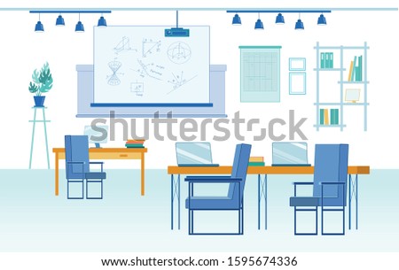 Applied Mathematics Laboratory Interior. University Room for Learning Activities for Future Specialist in Engineering, Business, Computer Science and Industry. Personal Working Desk with Laptops.