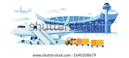 Airport Terminal Modern Building with Airliner Waiting for Passengers Background. Travel Lifestyle and Vacation. Loading Luggage in Airplane Cargo Hold Scene. Flat Cartoon Vector Illustration.
