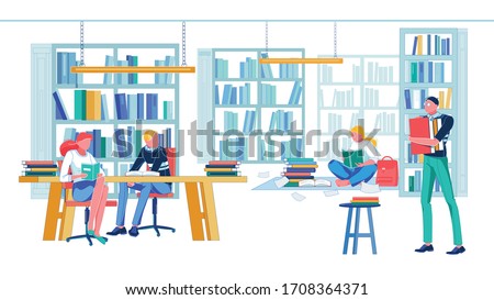 Library in Local University with Shelving, Desk and Chair to Take Seat and Study. Student Getting Ready for Next Class and Doing College Homework Together. Boy and Girl Reading at Table or on Floor.