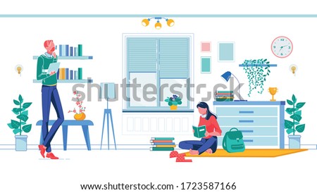 Stylish Red-Haired and Bearded Guy Pacing Dormitory Room with Pad, Revising Study Material. His Friend, Brunette, Sitting on Floor on Cozy Yellow Mat with Book, Backpack and Polka-Dotted Slippers.