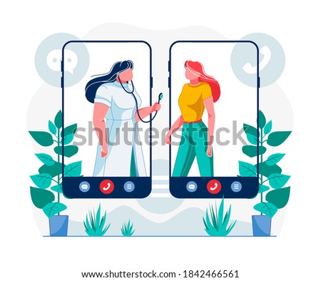 Telemedicine Mobile App Flat Vector Illustration. Cartoon Doctor with Stethoscope Consulting Patient. Unlimited Healthcare Service Access Metaphor. Smartphone Application for Personal Health Checkup
