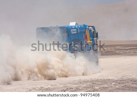 ICA, PERU - JAN.14: Ilgizar Mardeev from Russia, drive his truck through the Ica dessert during his participation on Rally Dakar 2012 Argentina Chile Peru, Jan. 14, 2012 in Ica, Peru.