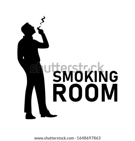 Smoking room or area sign. Male smoker standing with smoke shadow. Man smoking a cigarette black and white silhouette. Business man smoking a cigar. Smoking addiction medical poster - Simple concept.