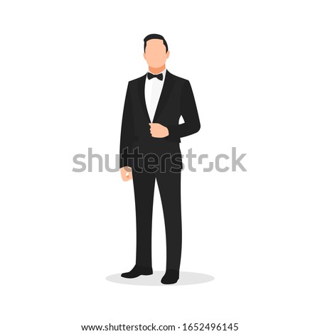 Young handsome and cool man in a tuxedo suit or jacked posing. Movie or film actor at award ceremony. Wedding groom dress or costume. Classic gentleman style - Simple flat vector illustration.