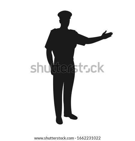 Silhouette of a standing male airline or airplane pilot welcoming people on board. Smiling plane captain or crew or commander. Airline uniform - Simple vector icon sign or symbol illustration.