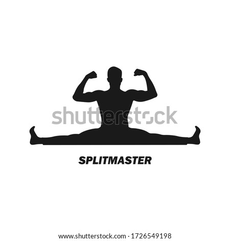 Muscular man doing leg splits silhouette. Split legs exercise logo icon sign or symbol. Kickboxing athlete. Yoga meditation pose. Flexibility training. Gymnastics instructor - Vector illustration.