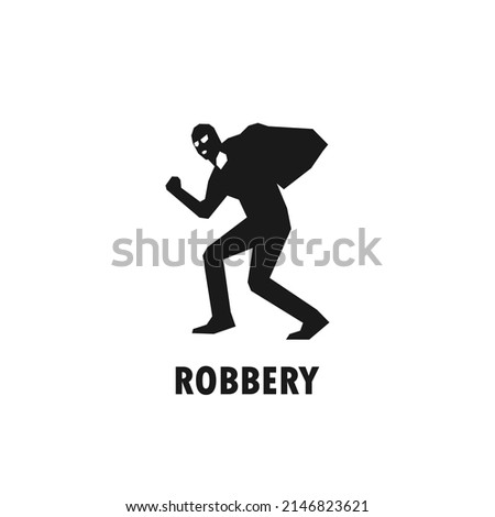 Masked robber carrying bag of stolen items simple black vector silhouette illustration.