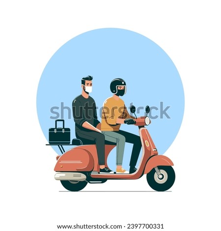 Two men riding a motorcycle scooter flat design vector illustration.
