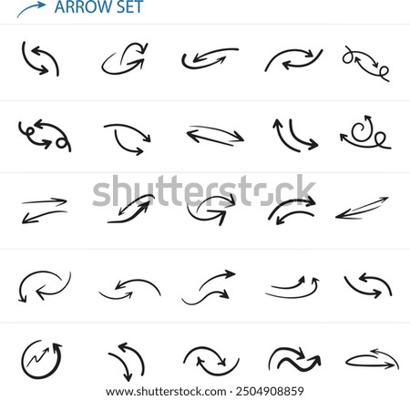 A collection of 25 hand-drawn arrow icons as a vector image. Each black color arrow is a distinct style, with variations in direction (up, down, left, right, diagonal), thickness, and curvature.