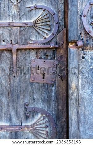 Detail of the lock of the entrance door of the Romanesque hermitage of Santa Eulalia in the neighborhood of Santa María de Aguilar de Campoo, Palencia, Castilla y León, Spain Zdjęcia stock © 