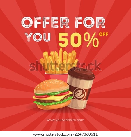 Red Minimalist Fast Food Offer 50 Off Discount Social Media Post Design