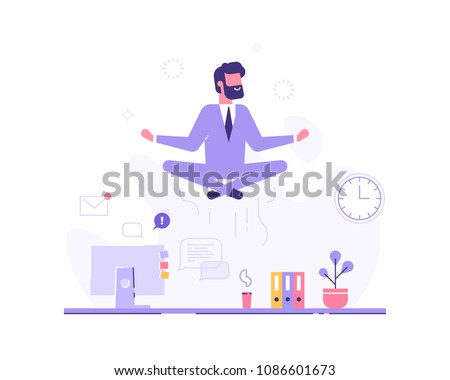 Businessman doing yoga to calm down the stressful emotion from hard work in office over desk with office process icons on background. Concept of meditation. Modern vector illustration.
