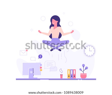 Businesswoman doing yoga to calm down the stressful emotion from hard work in office over desk with office process icons on background. Concept of meditation. Modern vector illustration.