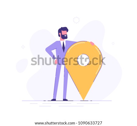 Handsome businessman is standing close to big map pointer. Our office location. Vector illustration.