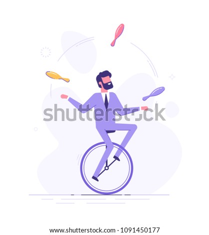 Handsome business man is riding on unicycle and juggling different tasks. Multitasking concept. Flat vector illustration.