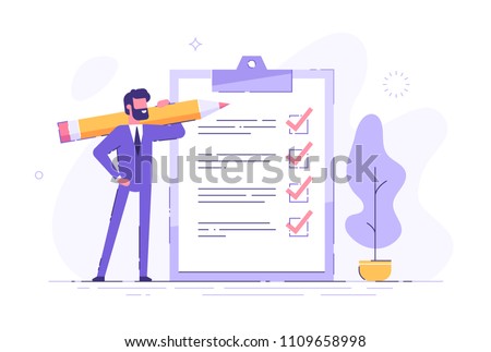 Positive business man with a giant pencil on his shoulder nearby marked checklist on a clipboard paper. Successful completion of business tasks. Flat vector illustration.