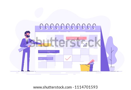 A handsome businessman is planning his work. Modern concept for business planning, news and events, reminder and timetable. Flat vector illustration.