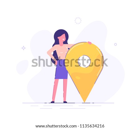 Businesswoman is standing close to big map pointer. Our office location. Vector illustration.