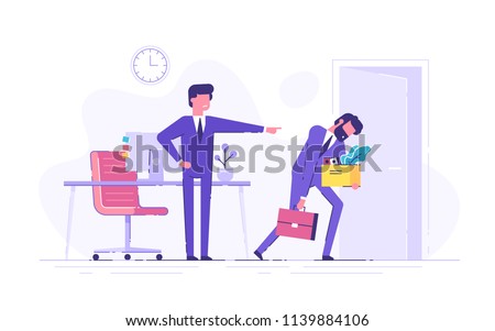 Angry oss dismisses employee. Fired sad man carrying box with his things. Dismissal, unemployment, jobless and employee job reduction concept. Flat vector illustration.