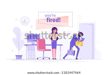 Angry woman boss dismisses employee. Fired sad man carrying box with his things. Dismissal, unemployment, jobless and employee job reduction concept. Flat vector illustration.