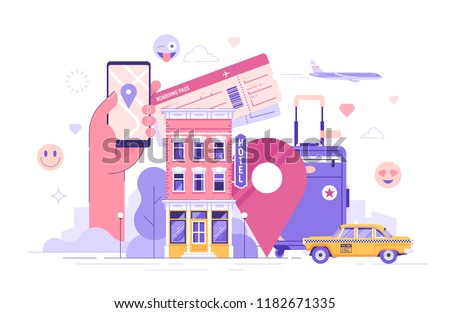Travel and tourism concept. Summer vacation and air trip banner. Booking hotel. Colorful flat vector illustration.