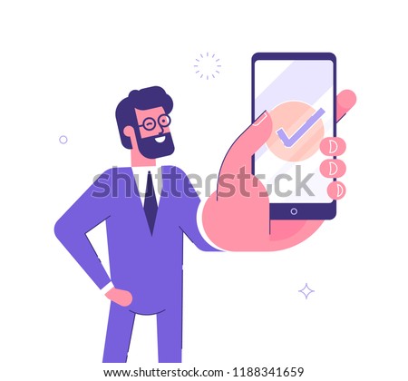 Handsome businessman showing smartphone display with successful check mark close up and winking. Friendly male character. Vector illustration.
