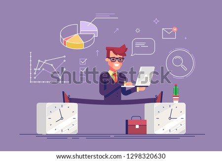 Flexible work time schedule concept. Part time work. Handsome businessman between 2 watches. Modern business character. Flat vector illustration.