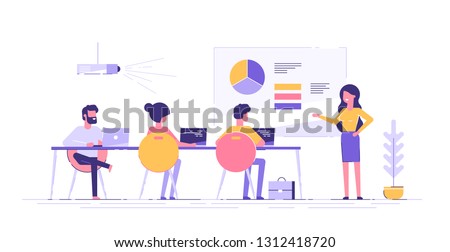 Business woman presenting new project to her partners and colleagues. She is showing graphs and pie charts. Coach giving presentation to clients at conference meeting room. Modern vector illustration.