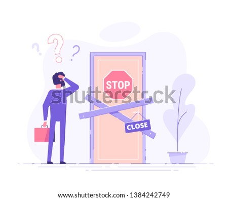 Preoccupied business man is standing near the closed door and scratching his head. Metaphor of issues and questions. Modern vector illustration.