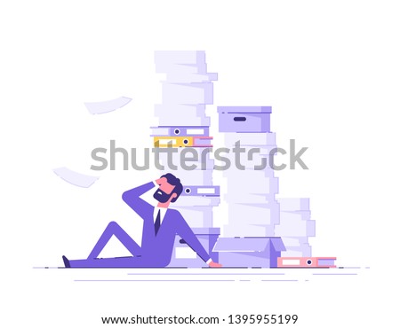 Tired businessman sitting on the floor clutching his head  with the piles of paper document around. Overwork concept. Modern vector illustration.