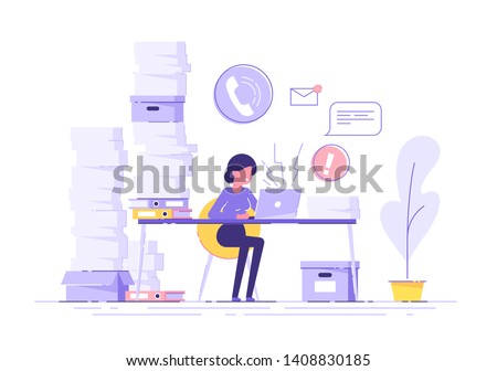 Tired young woman working on her laptop among piles of papers and documents. Stress in the office. Rush work. Modern vector illustration.